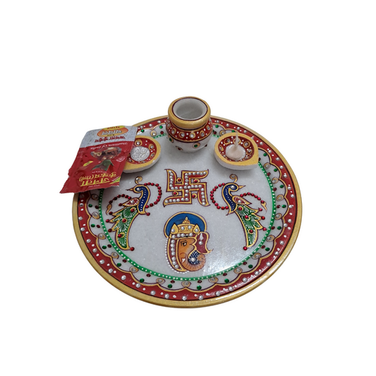 9" Marble Pooja Thali – Ganesha, Peacock & Swastik Motif | Handcrafted Elegance | Rajasthani Duniyaa