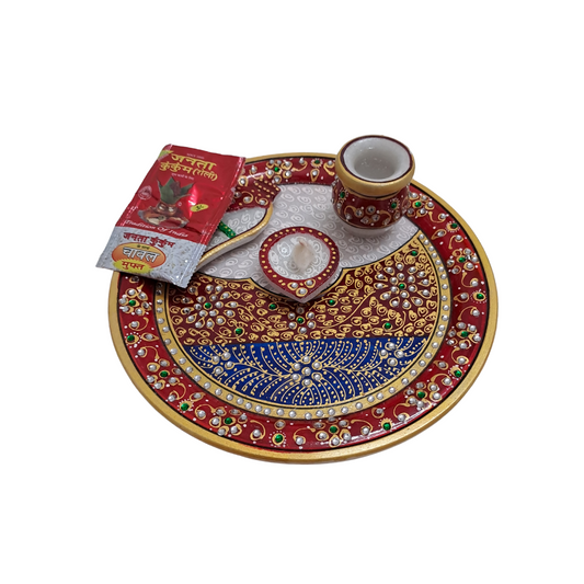 9" Handcrafted Marble Pooja Thali – Royal Mandala Design | Rajasthani Meenakari & Kundan Work