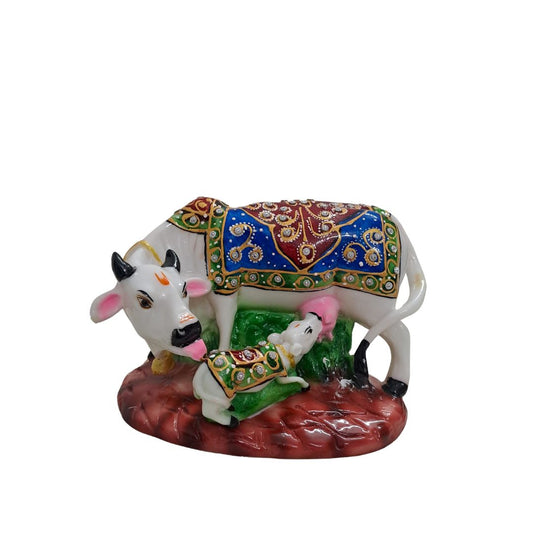 7" White Resin Kamdhenu Cow & Calf Idol with Decorative Carpet | Elegant Pooja Décor