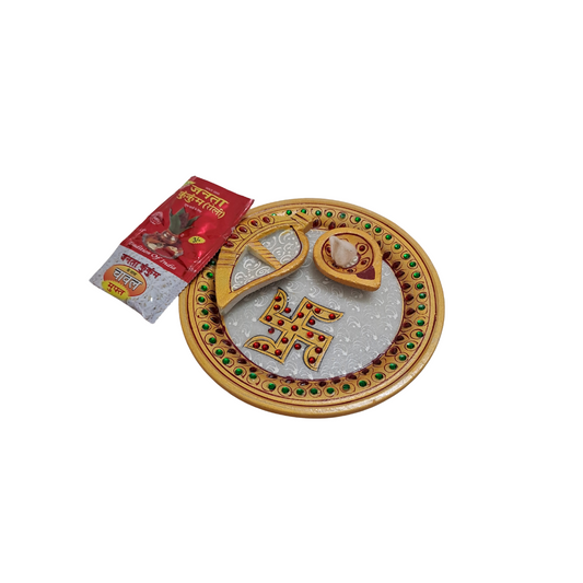 6" Handcrafted Marble Pooja Plate | Swastik Design with Meenakari & Kundan Work
