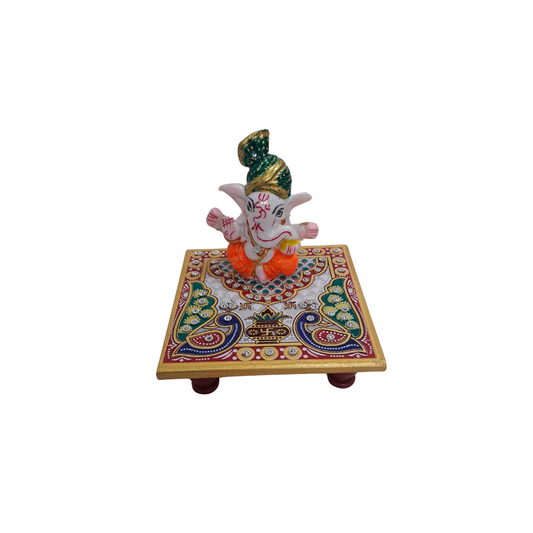 Rajasthani Duniyaa 4x4 Inch Marble Chowki with Small Resin Ganesh Idol – Compact Spiritual Décor
