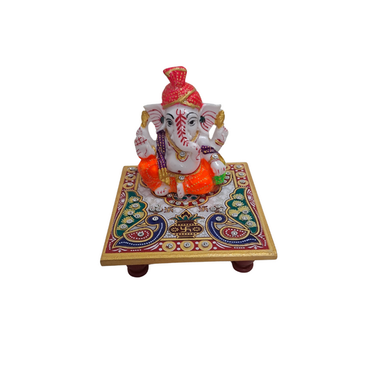 Rajasthani Duniyaa 4x4 Inch Marble Chowki with Resin Ganesh Idol – Compact Spiritual Decor