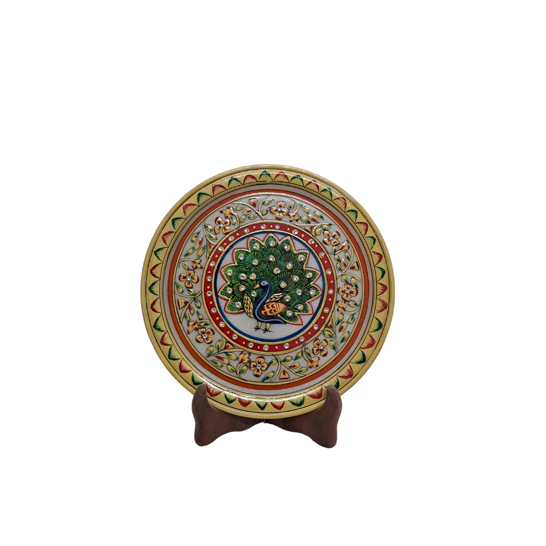 Rajasthani Duniyaa 9-Inch Handcrafted Marble Plate – Royal Peacock Glory