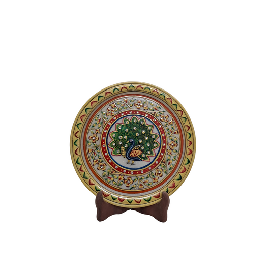 Rajasthani Duniyaa 9-Inch Handcrafted Marble Plate – Royal Peacock Glory