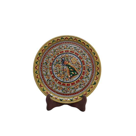 Rajasthani Duniyaa 9-Inch Decorative Marble Plate – Vibrant Peacock Medallion