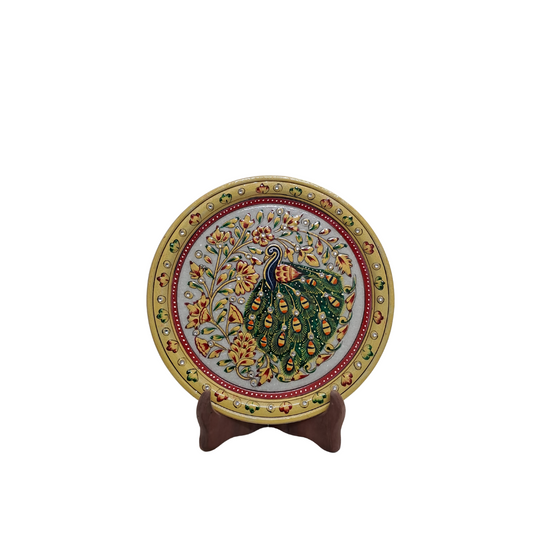 Rajasthani Duniyaa 9-Inch Designer Marble Plate – Classic Peacock Heritage