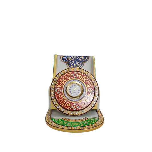 Rajasthani Duniyaa Handcrafted Marble Mobile Stand with Analog Clock