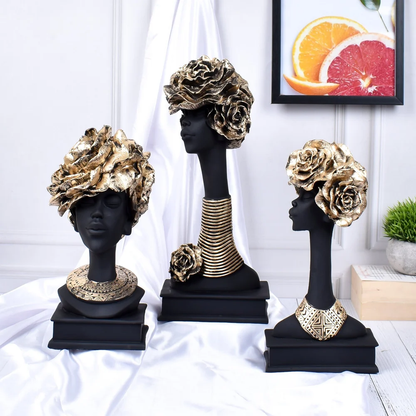 RajasthaniDuniyaa African Lady Showpiece Set – Handcrafted Resin Sculptures with Gold Accents (Set of 3)