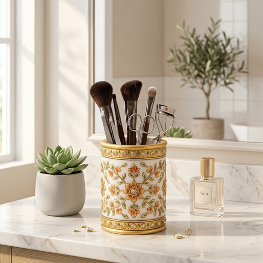 The Imperial Marble Pen & Brush Holder – Lathe-Turned White Marble Desk Organizer with Hand-Painted Mughal-Floral Enamel & Studded Stone Detailing