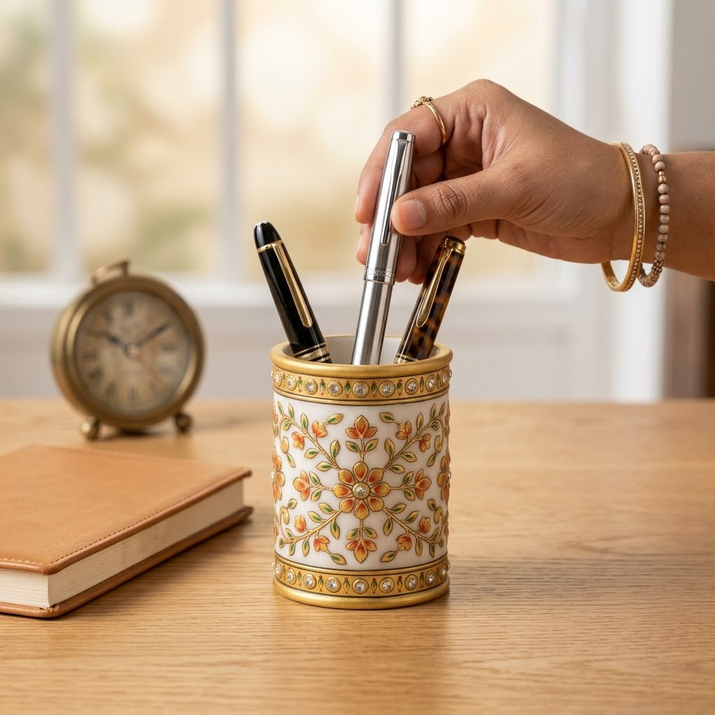 The Imperial Marble Pen & Brush Holder – Lathe-Turned White Marble Desk Organizer with Hand-Painted Mughal-Floral Enamel & Studded Stone Detailing