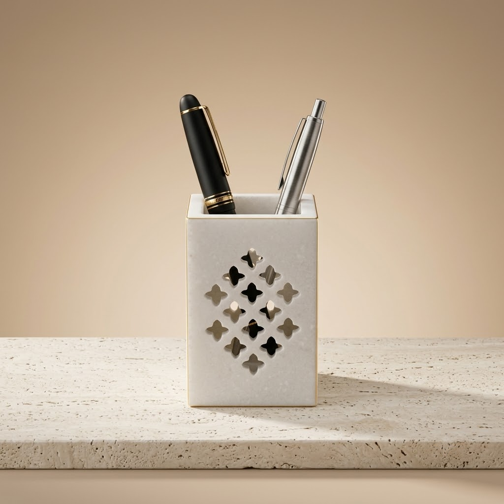 The Jali Monolith Marble Pen Holder – Hand-Carved Natural White Marble Square Desk Caddy with Intricate Geometric Openwork Lattice