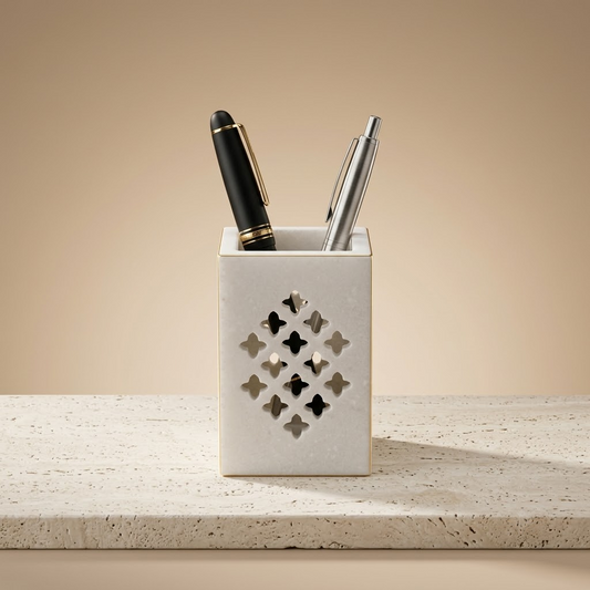 The Jali Monolith Marble Pen Holder – Hand-Carved Natural White Marble Square Desk Caddy with Intricate Geometric Openwork Lattice