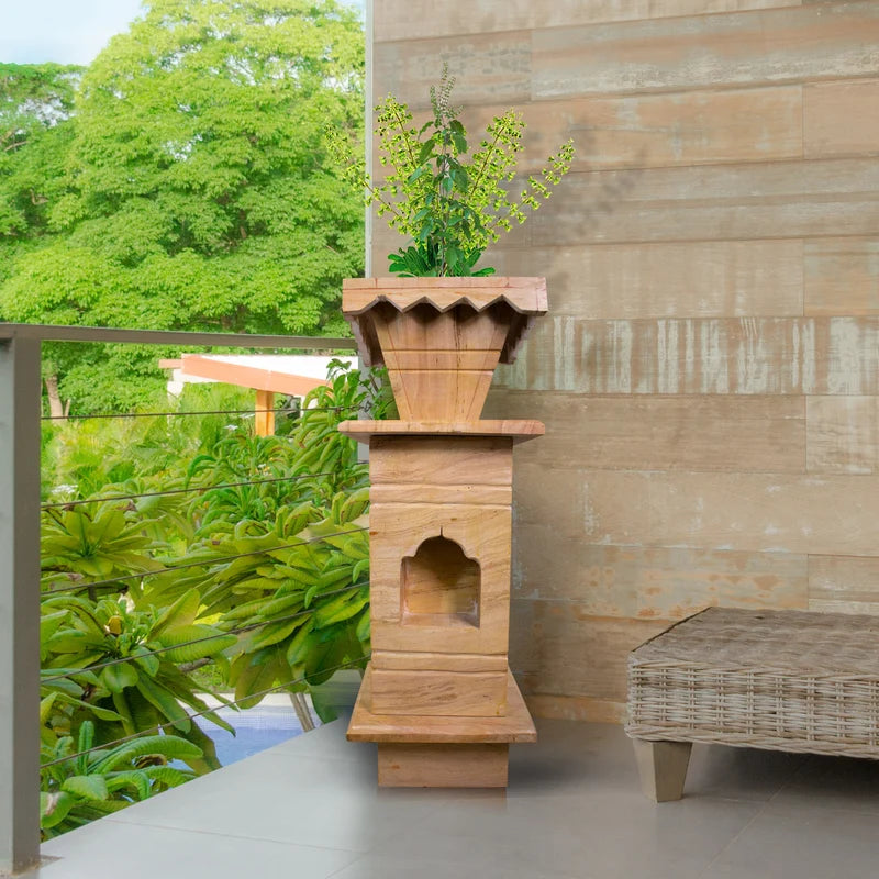 Front view of handcrafted brown marble Tulsi pot by Rajasthani Duniyaa