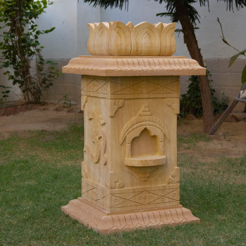 Front view of handcrafted brown sandstone Tulsi pot by Rajasthani Duniyaa