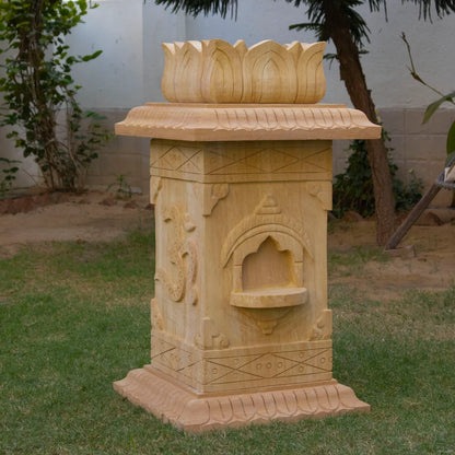 Front view of handcrafted brown sandstone Tulsi pot by Rajasthani Duniyaa