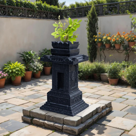Front view of handcrafted carved black marble Tulsi pot by Rajasthani Duniyaa