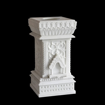 Carved white marble Tulsi pot placed for balcony and courtyard decor