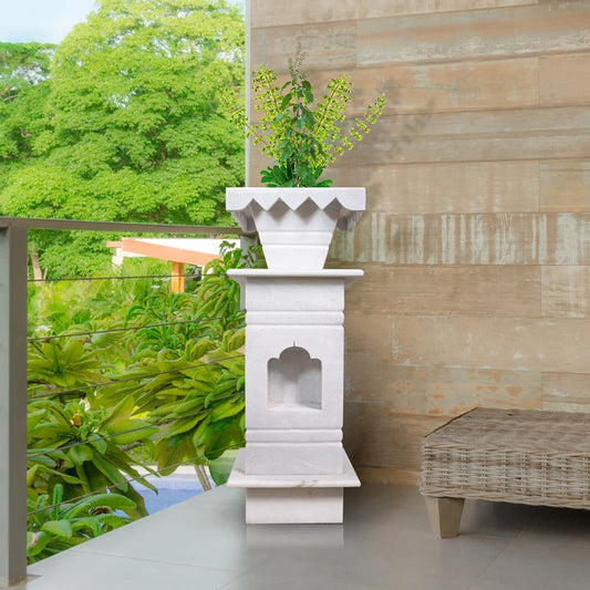 Front view of handcrafted classic white marble Tulsi pot by Rajasthani Duniyaa