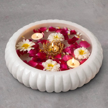 Front view of handcrafted classic white marble Urli bowl by Rajasthani Duniyaa