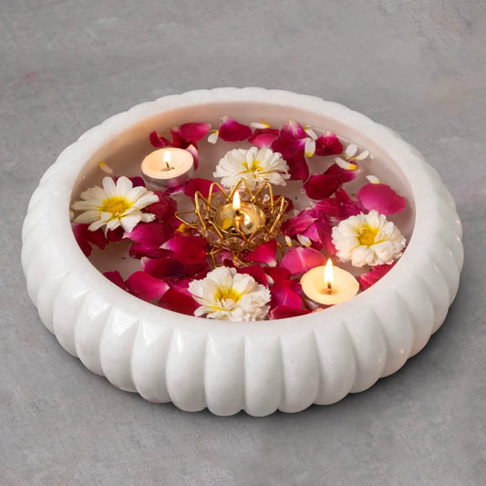 Front view of handcrafted classic white marble Urli bowl by Rajasthani Duniyaa