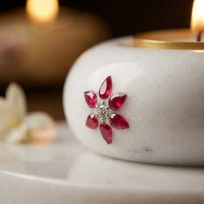The Oasis Two-Piece Marble Votive Set – Hand-Turned Natural White Marble 5-Inch Tray with Gemstone-Embellished 3-Inch Tealight Holder