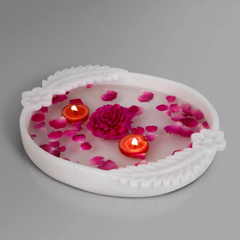 Front view of handcrafted double leafed white marble Urli bowl by Rajasthani Duniyaa