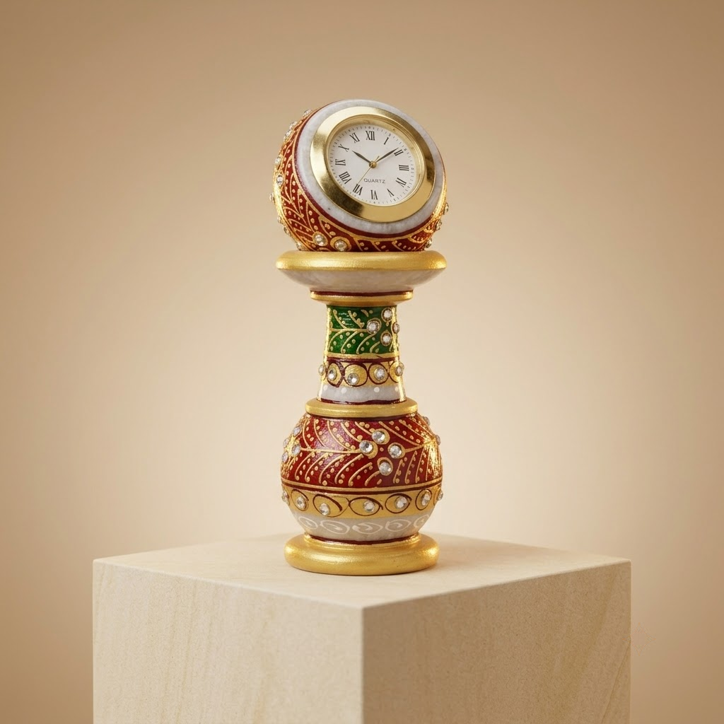 The Royal Khambha Pillar Timepiece: Hand-Carved Natural White Marble Pedestal Clock with Detachable Spherical Watch Head (Meenakari Gold Work / Pure White)ani Duniyaa Handcrafted Marble Pillar Watch – Classic Timepiece in Royal Style