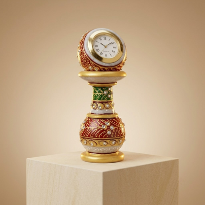 The Royal Khambha Pillar Timepiece: Hand-Carved Natural White Marble Pedestal Clock with Detachable Spherical Watch Head (Meenakari Gold Work / Pure White)ani Duniyaa Handcrafted Marble Pillar Watch – Classic Timepiece in Royal Style