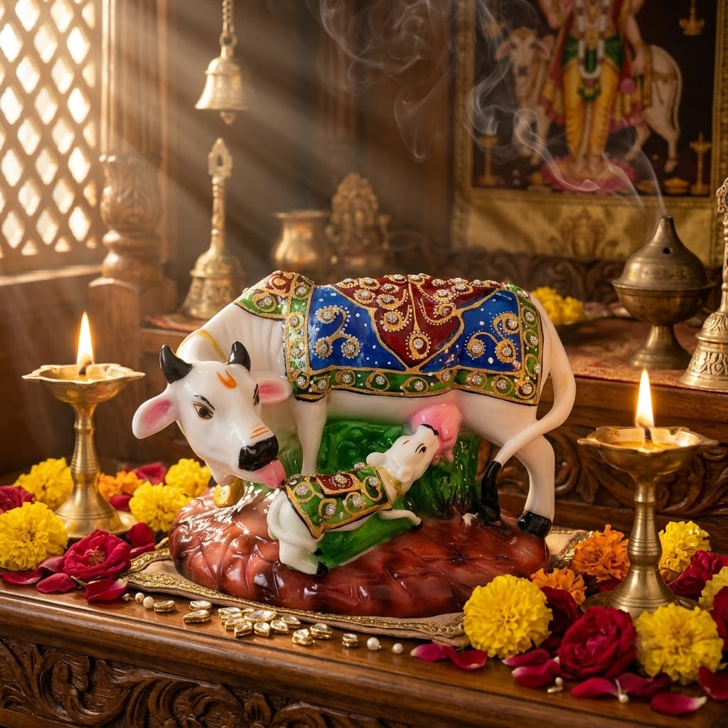 Handcrafted Royal Meenakari White Resin Kamdhenu Cow and Calf Idol with Multicolor Carpet Jhool & Kundan Work (7 Inch Width) – Sacred Gau Mata Murti for Mandir, Vastu Serenity, Living Room Decor & Griha Pravesh Gifting