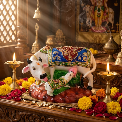 Handcrafted Royal Meenakari White Resin Kamdhenu Cow and Calf Idol with Multicolor Carpet Jhool & Kundan Work (7 Inch Width) – Sacred Gau Mata Murti for Mandir, Vastu Serenity, Living Room Decor & Griha Pravesh Gifting