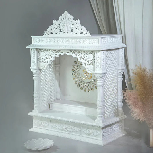 Grand Handcrafted White Marble Temple with Om Carving | Luxury Home Mandir | Marble Temple- Rajasthani duniyaa