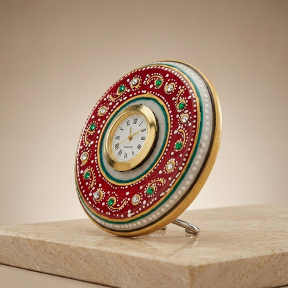 The Royal Chakra Mini Table Clock: Handcrafted Natural White Marble Disk Timepiece with Dual-Pin Easel Support & Embossed Gold Foil Meenakari Work