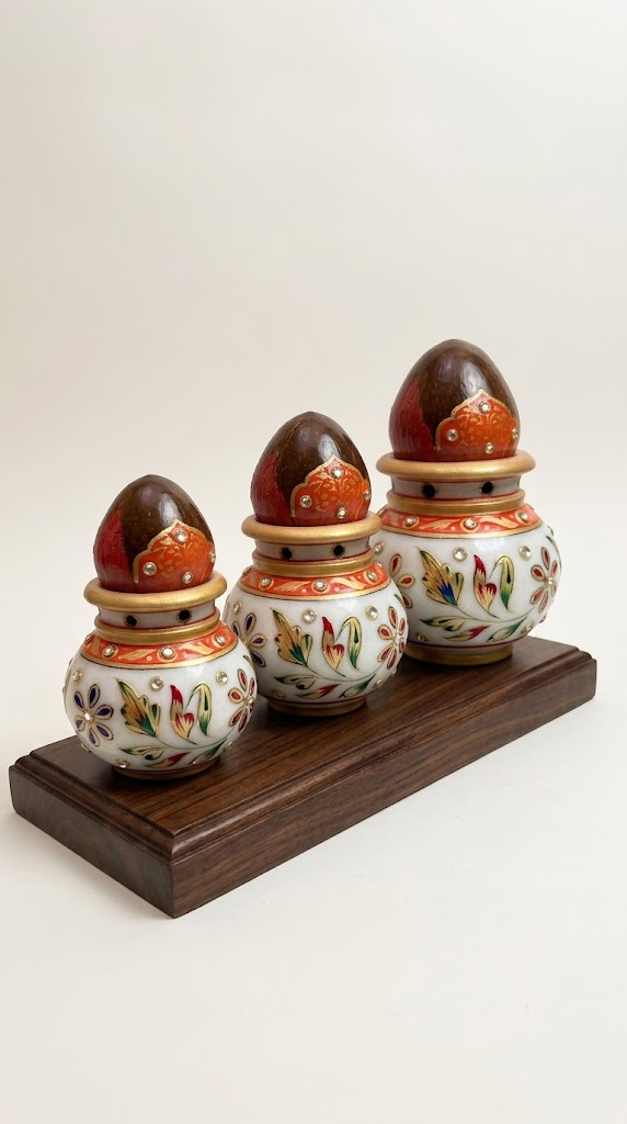 3" Handcrafted MarHandcrafted Pure White Marble Kalash with Coconut Nariyal (3", 4", 5") – Traditional Rajasthani Meenakari & Kundan Work Mangal Kalash for Mandir Pooja