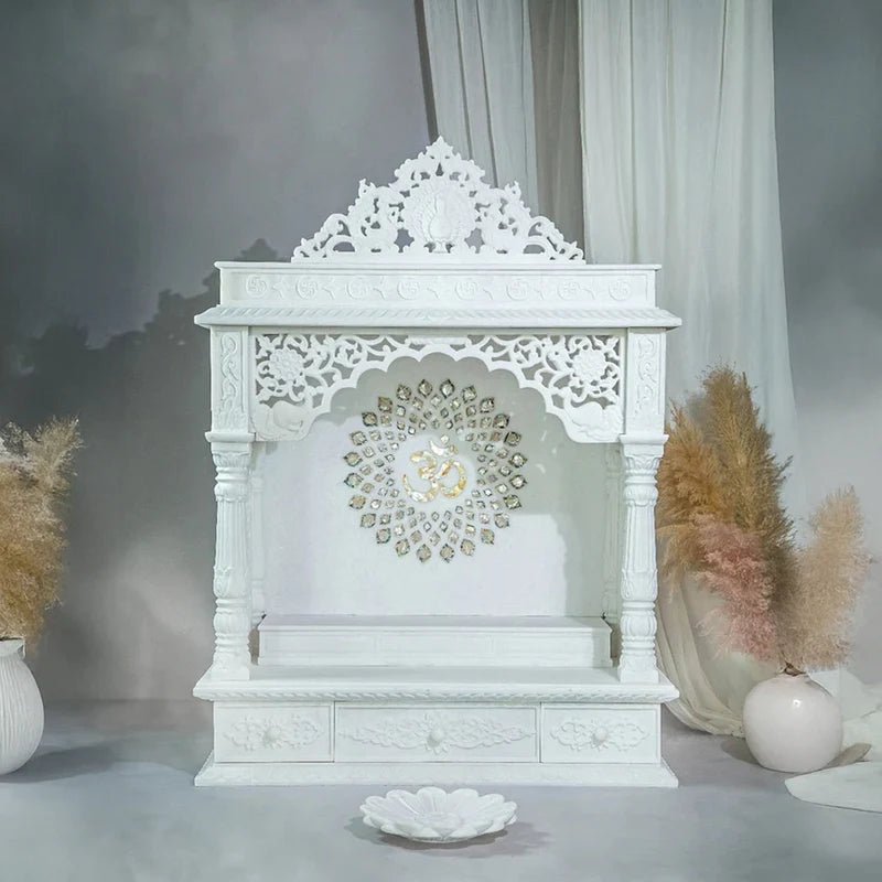 Grand Handcrafted White Marble Temple with Om Carving | Luxury Home Mandir | Marble Temple- Rajasthani duniyaa