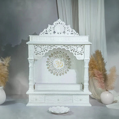 Grand Handcrafted White Marble Temple with Om Carving | Luxury Home Mandir | Marble Temple- Rajasthani duniyaa