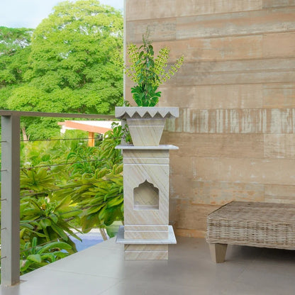 Side view and natural stone texture detail of Green Katni marble Tulsi pot