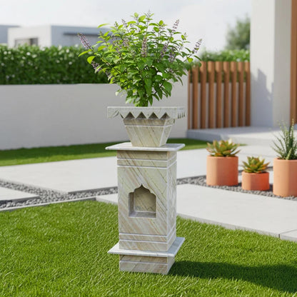 Front view of handcrafted Green Katni marble Tulsi pot by Rajasthani Duniyaa