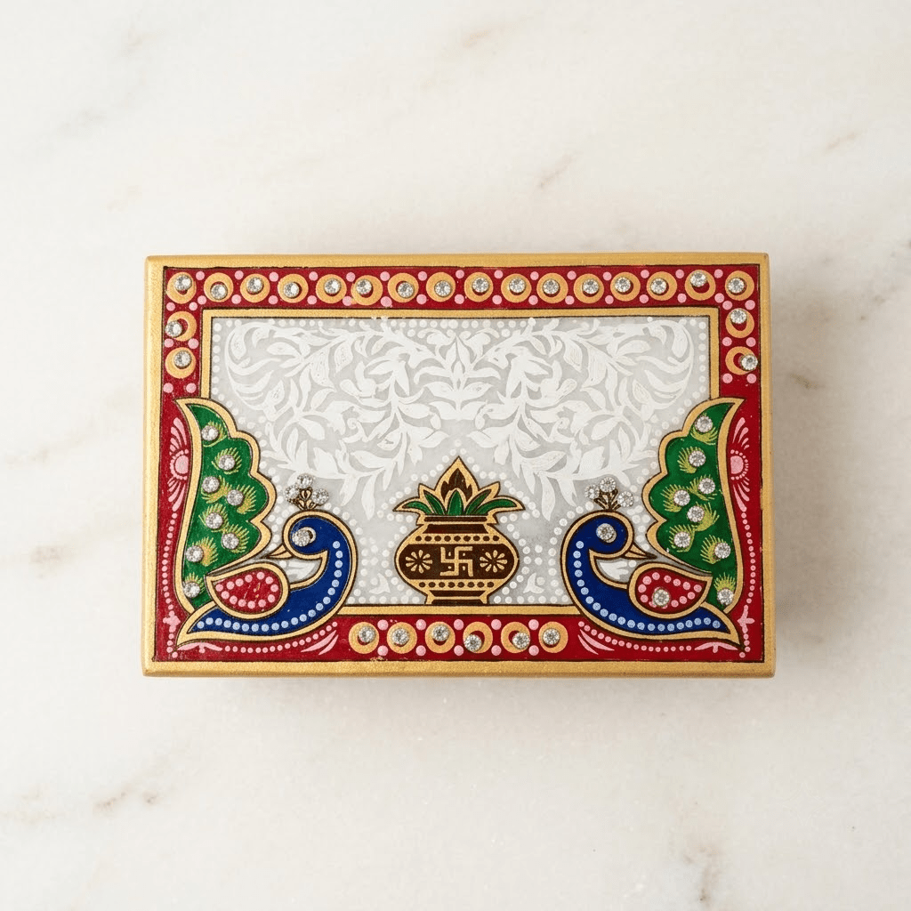Intricate detailing on the Makrana marble Kamdhenu cow and traditional pooja diya