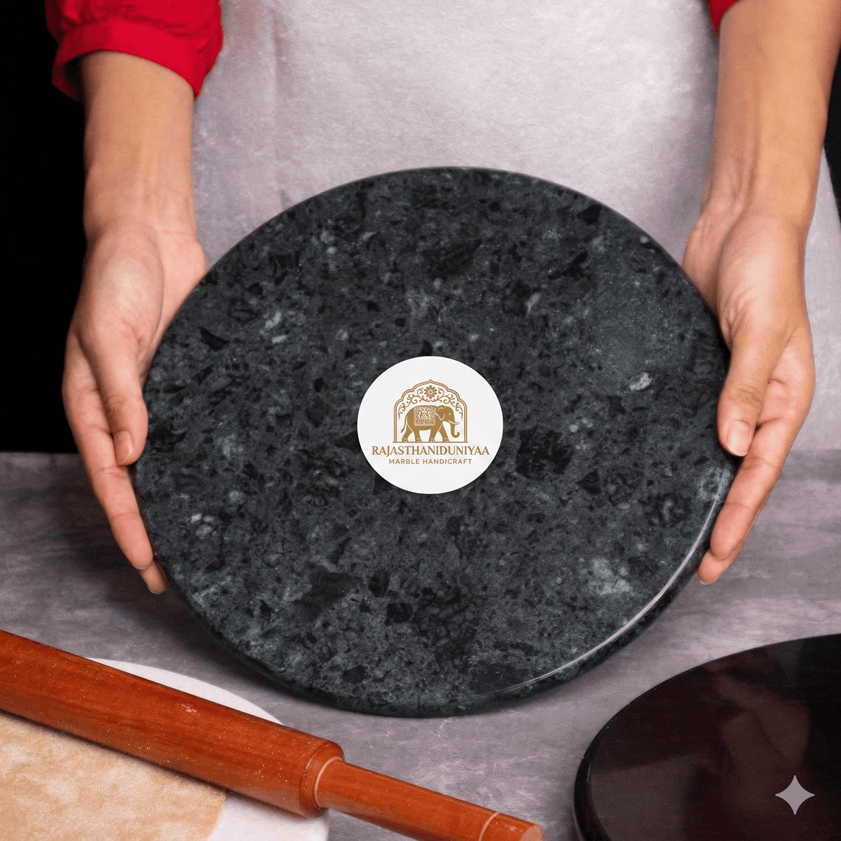 Handcrafted Marble Chakla – Premium Roti Rolling Board with Ring Base and Mirror Finish - Rajasthaniduniyaa