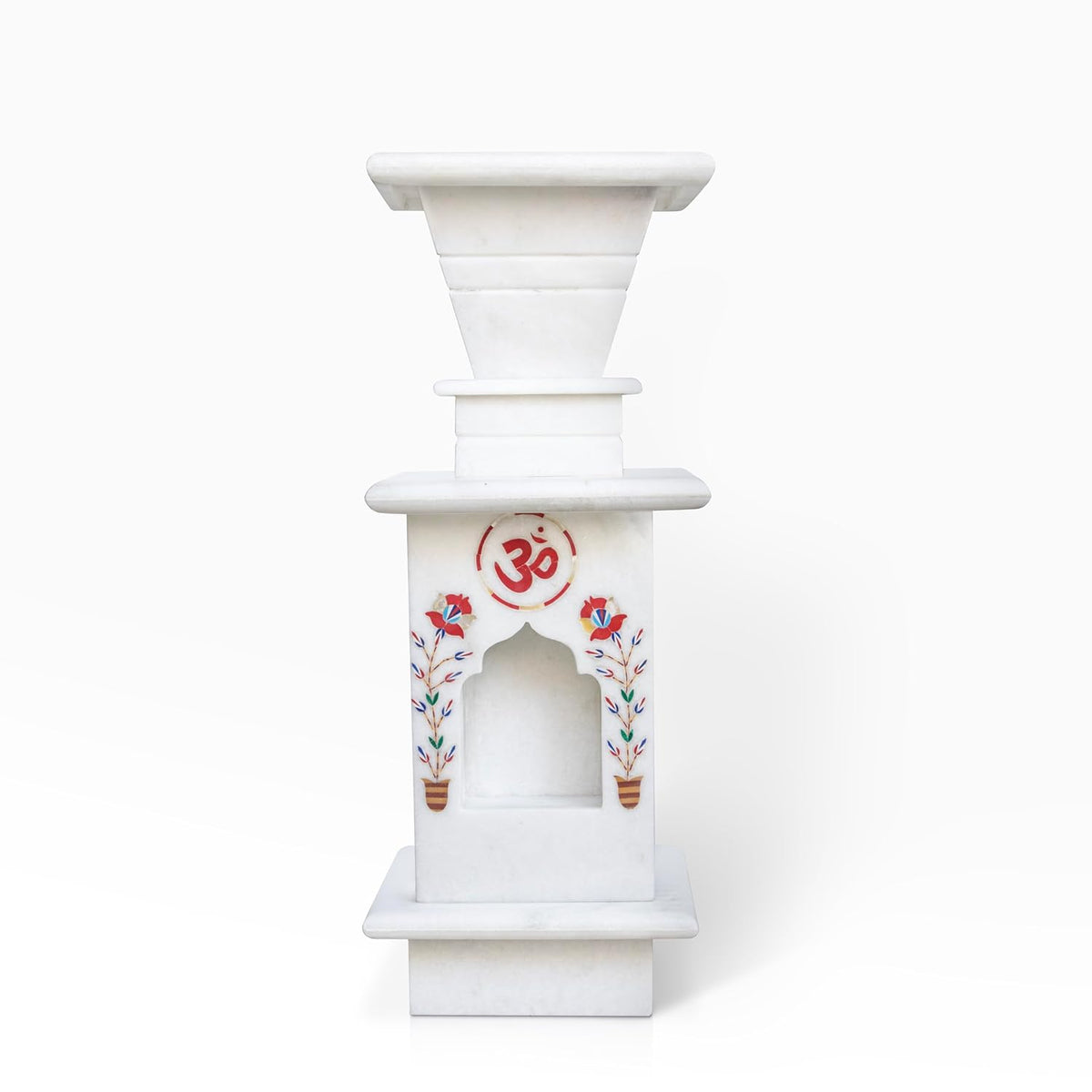 Handcrafted white marble inlay tulsi pot with semi-precious gemstone floral design for home and temple decor