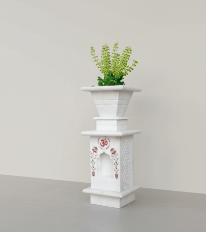 Handcrafted white marble inlay tulsi pot with semi-precious gemstone floral design for home and temple decor