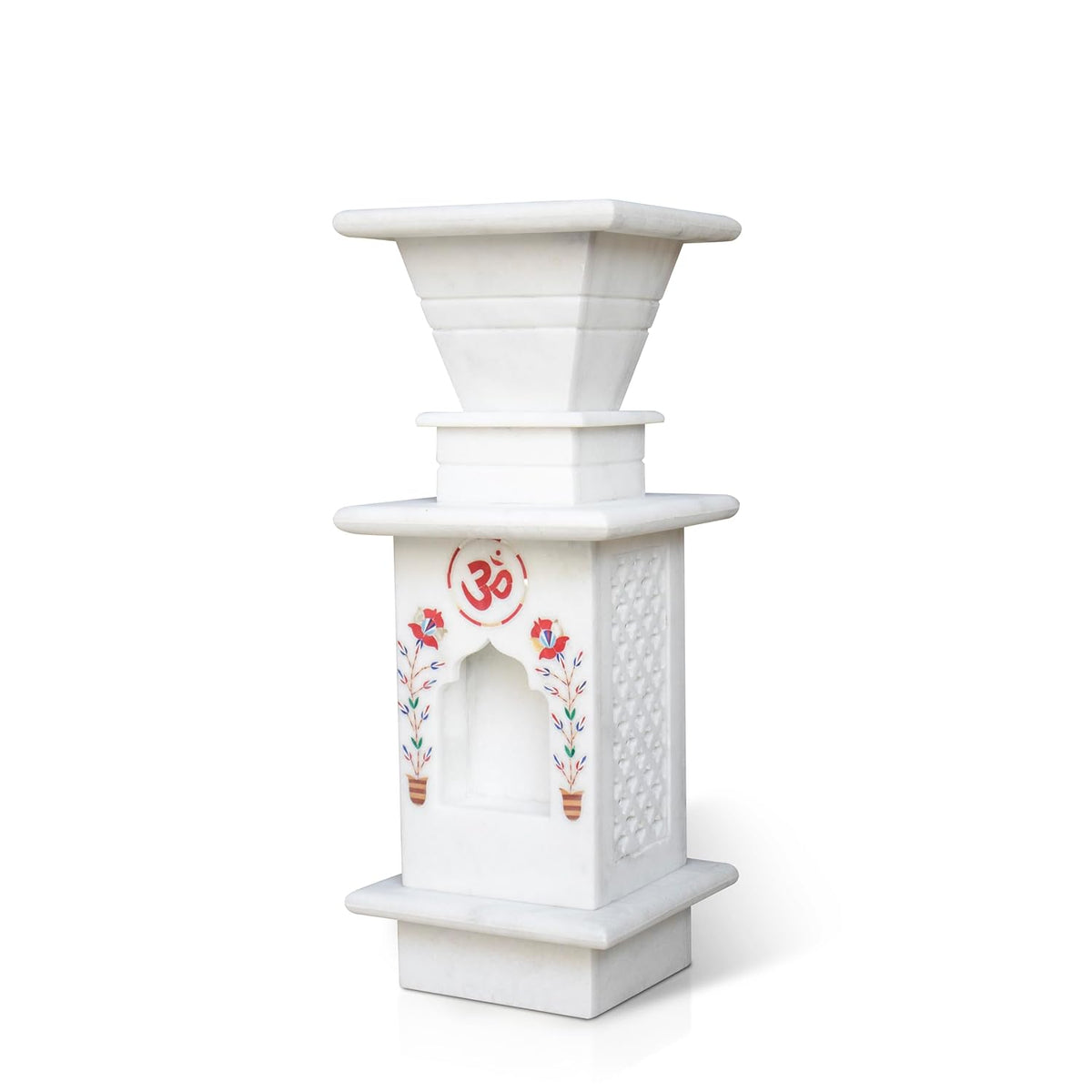 Handcrafted white marble inlay tulsi pot with semi-precious gemstone floral design for home and temple decor