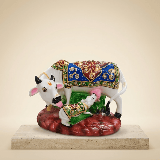 Handcrafted Royal Meenakari White Resin Kamdhenu Cow and Calf Idol with Multicolor Carpet Jhool & Kundan Work (7 Inch Width) – Sacred Gau Mata Murti for Mandir, Vastu Serenity, Living Room Decor & Griha Pravesh Gifting - Rajasthaniduniyaa