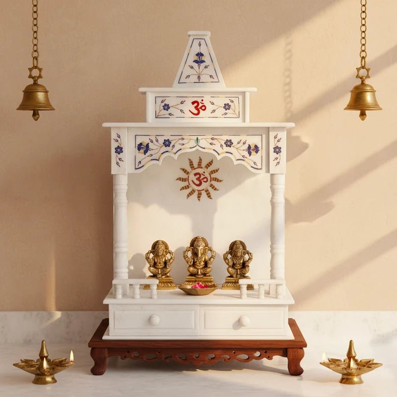 white marble temple front view handcrafted mandir