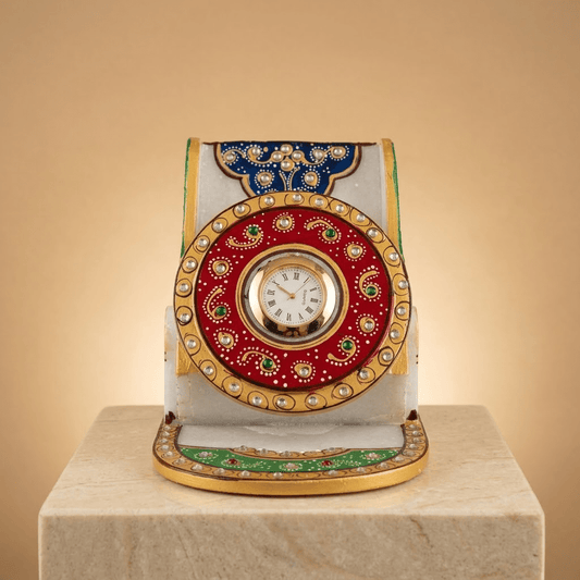 Handcrafted White Marble Smartphone Stand & Desk Organizer (Royal Peacock / Analog Clock) - Rajasthaniduniyaa