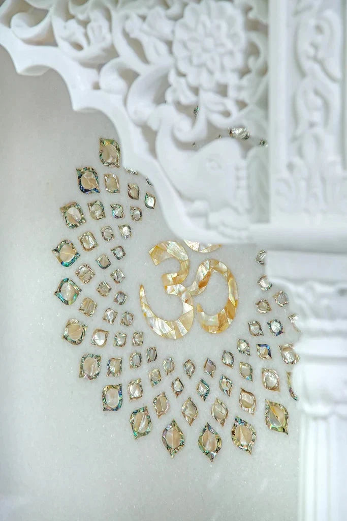 Grand Handcrafted White Marble Temple with Om Carving | Luxury Home Mandir | Marble Temple- Rajasthani duniyaa