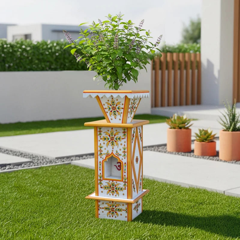 Front view of handcrafted large painted marble Tulsi pot by Rajasthani Duniyaa