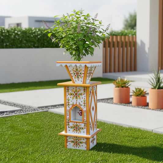 Front view of handcrafted large painted marble Tulsi pot by Rajasthani Duniyaa