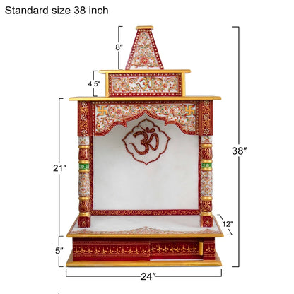 Side pillars and architectural detail of white marble pooja mandir