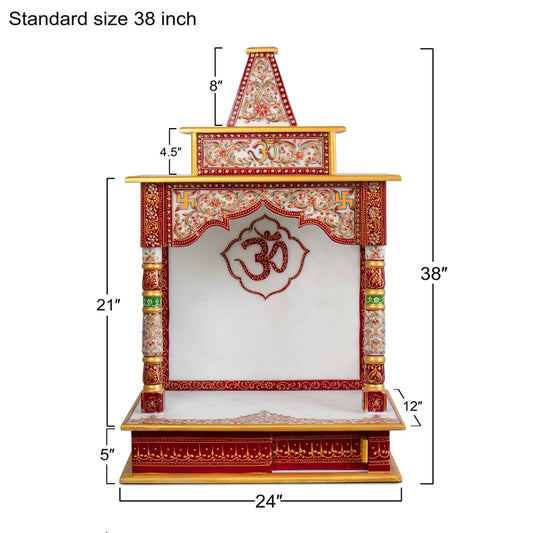 Side pillars and architectural detail of white marble pooja mandir